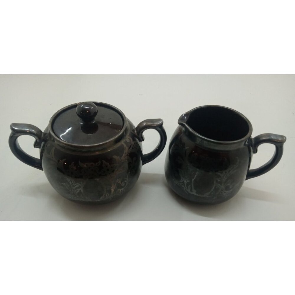 Gibson England Silver Overlay Redware Pottery Sugar Creamer Set Rustic Farm